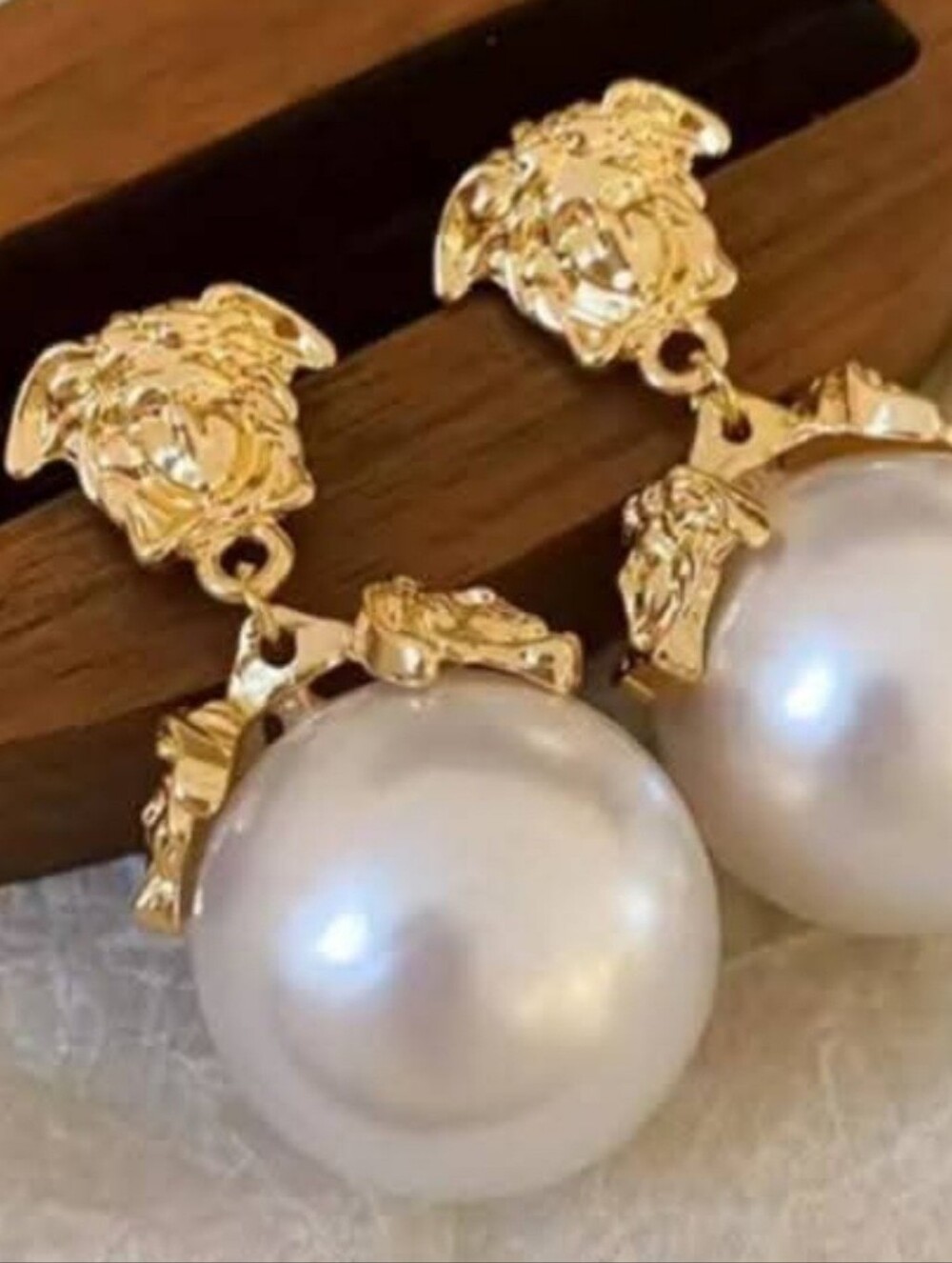 White Pearl Drop Earrings with Gold Medusa Fashion Jewelry